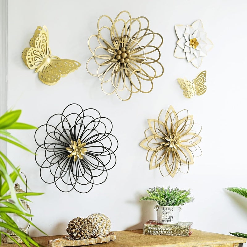 Remenna Metal Flowers Wall Decor, Metal Rustic Wall Art Decoration Farmhouse Wall Decorations Multiple Floral Hanging Decor for Bathroom Living Room Home Office Garden Kitchen 13inch (Rustic Gold) - Image 2